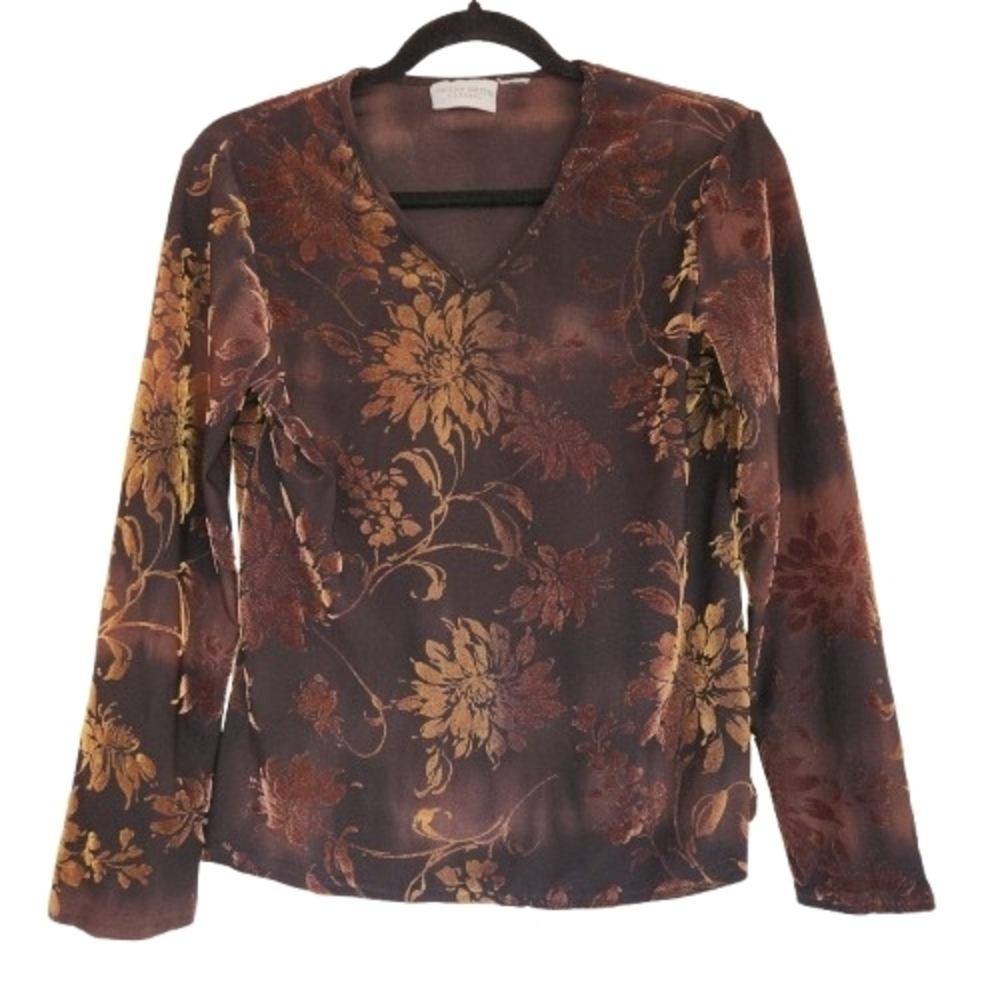 Vintage Velvet Burnout Browns & Gold Floral Long Sleeve V-Neck Top Size S/M Y2K - Picture 1 of 8